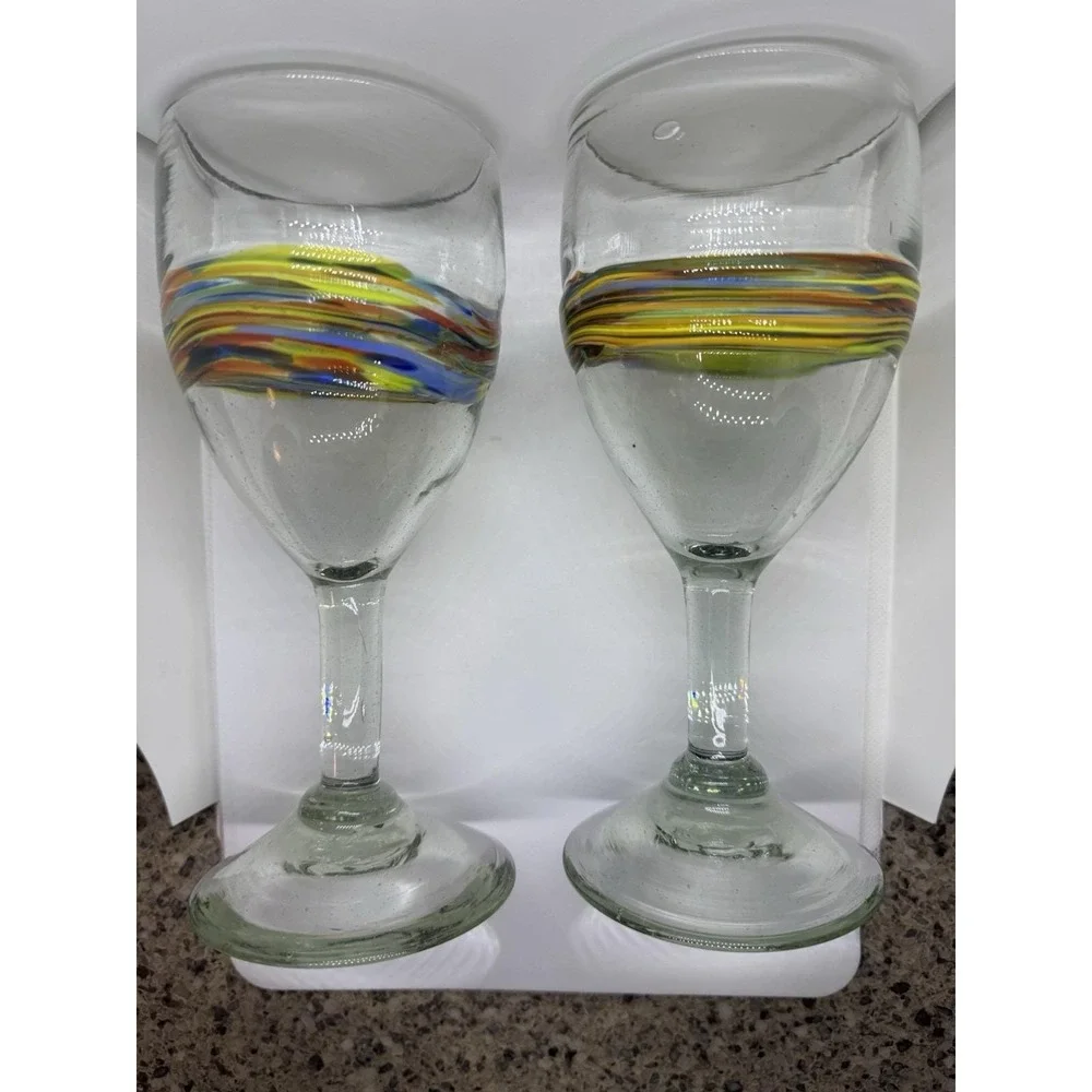 VTG Handblown Mexican Recycled Glass Wine Goblets Set of 2 – Confetti Band